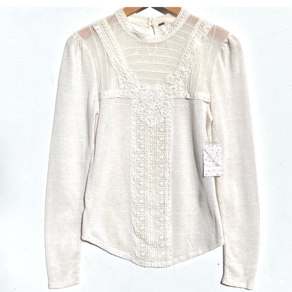 NWT FREE PEOPLE Women’s Ivory Mixed Media Knit Lace Crochet Highneck top medium